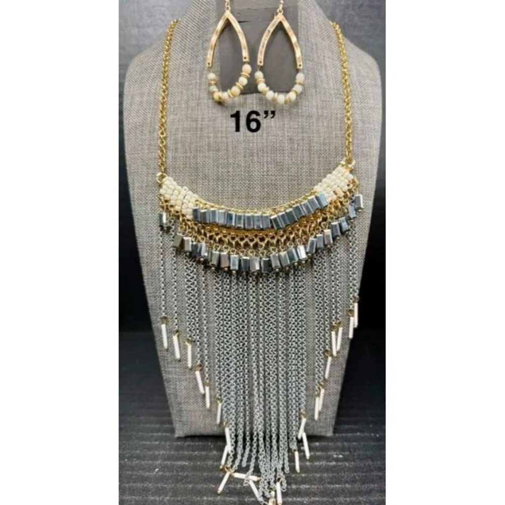 51. Elegant Gold & Silver Fringe Statement Jewelry Set